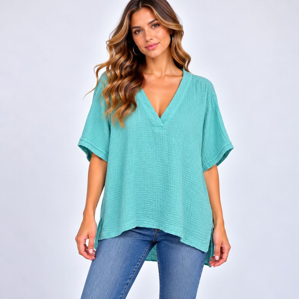 Susan Graver Gauzy Cotton Top Women's Size S Aqua Blue Coastal Minimalist Casual